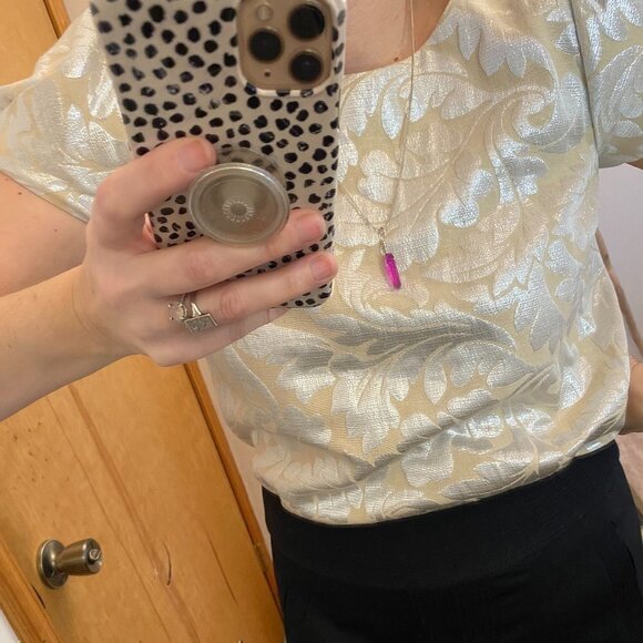 Tibi NY Silver and Gold Metallic Jacquard Leaf Bubble Sleeve Holiday Top - Picture 6 of 13